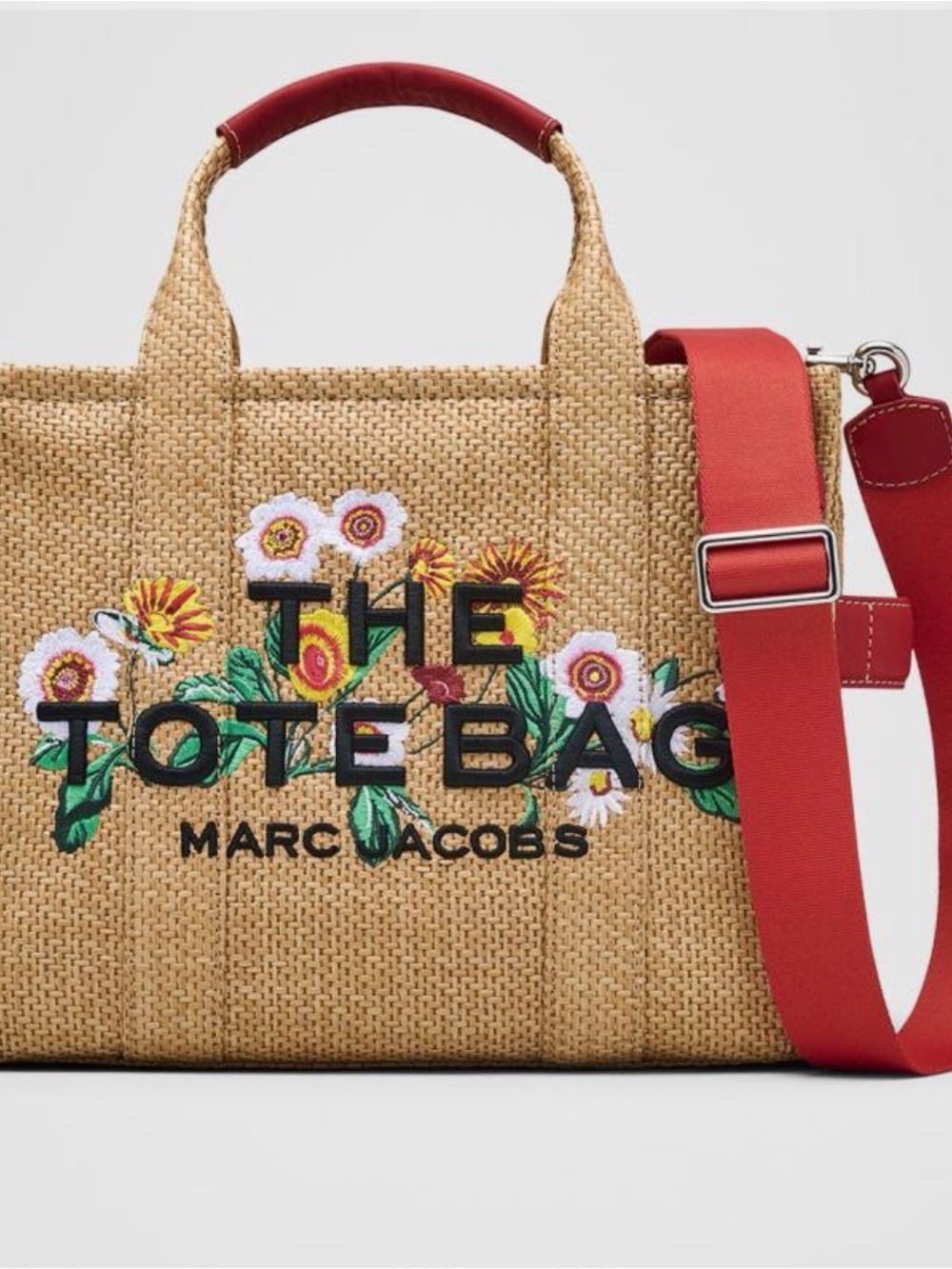 Marc Jacobs Medium Straw Tote with Multicolor Floral Embroidery